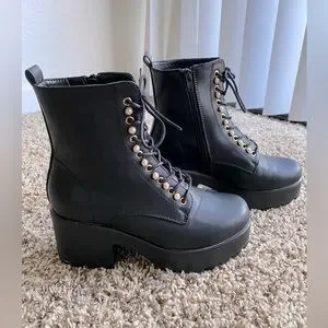 Nasty Gal Black Platform Lace Up Booties Faux Leather Chain Stud